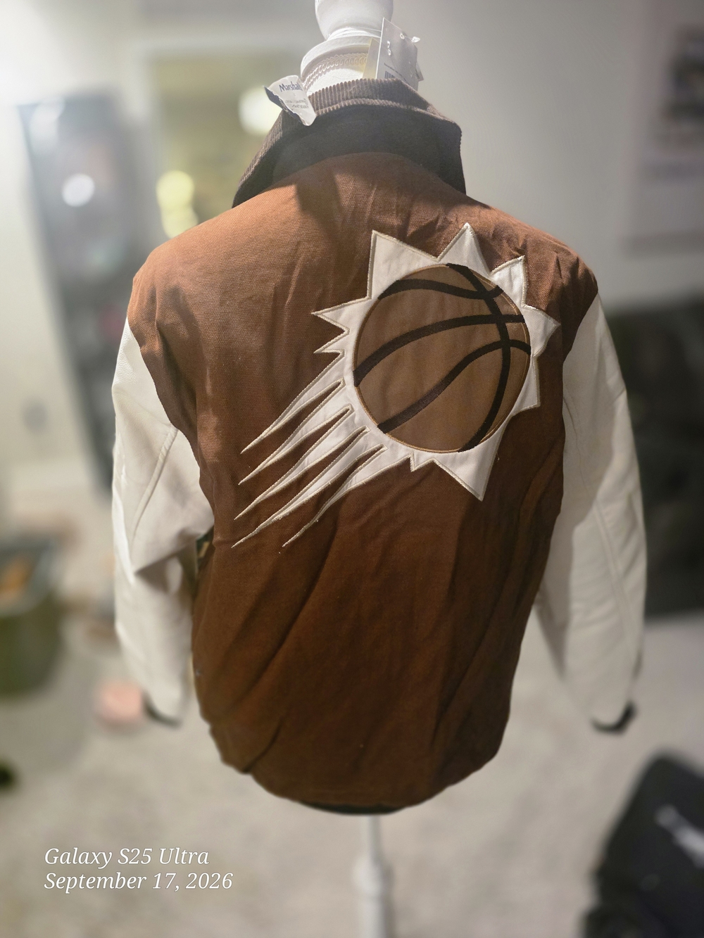 NBA Brown and White Varsity Bomber Jacket with Basketball Back Patch